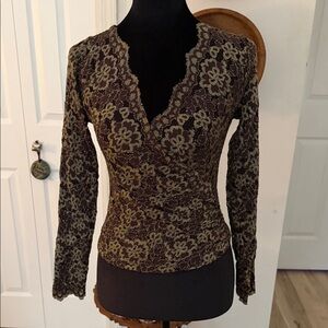 Vintage Ann Ferriday Olive and Brown Floral Lace V-Neck Long Sleeve Top
